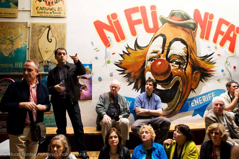 Members of the British Guild of Travel Writers with a guide at the Ni Fi Ni Fa carnival club headquarters in Santa Cruz de Tenerife